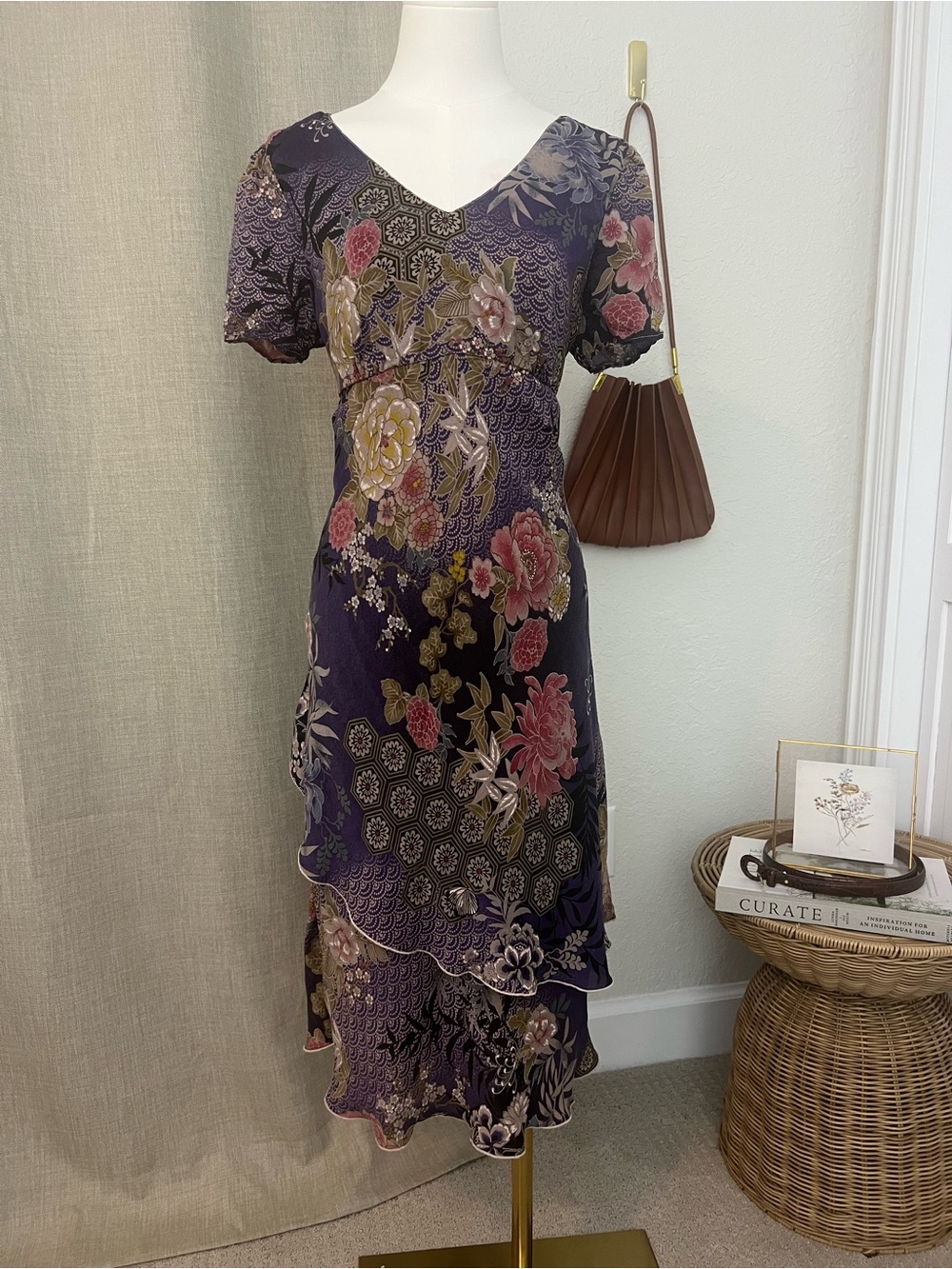 Tianello Purple Floral Midi Dress Women M‎ Boho Asymmetrical Hem Y2K Whimsigoth